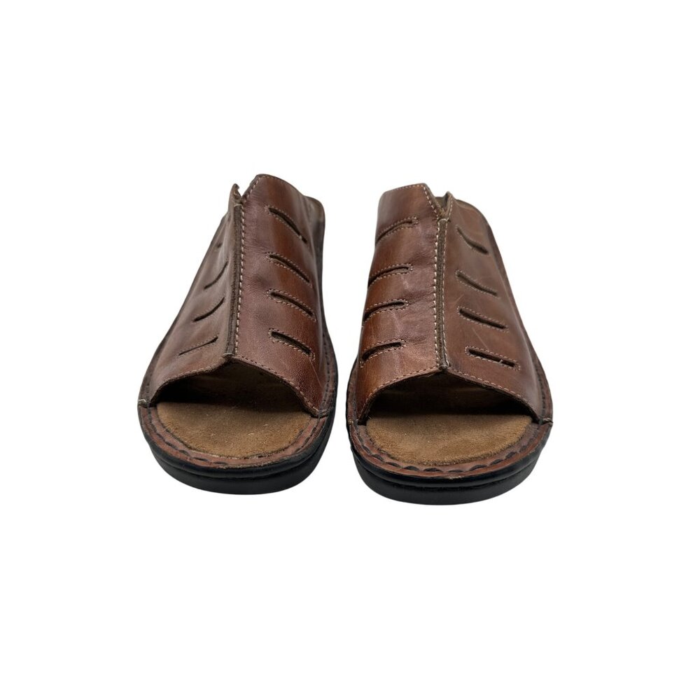 Dr. Scholls Size 8 USA Brown Leather Open-Toe Slip-On Sandals Black Outsoles